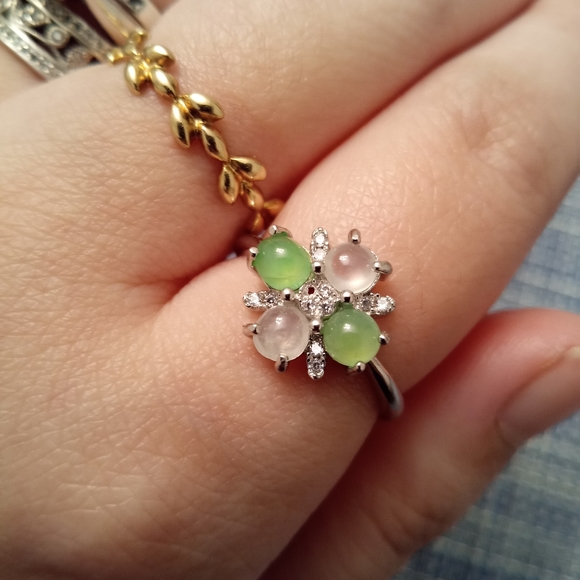 Jewelry - Defect!! Jadeite Jade Four-Leaf Clover Silver Ring